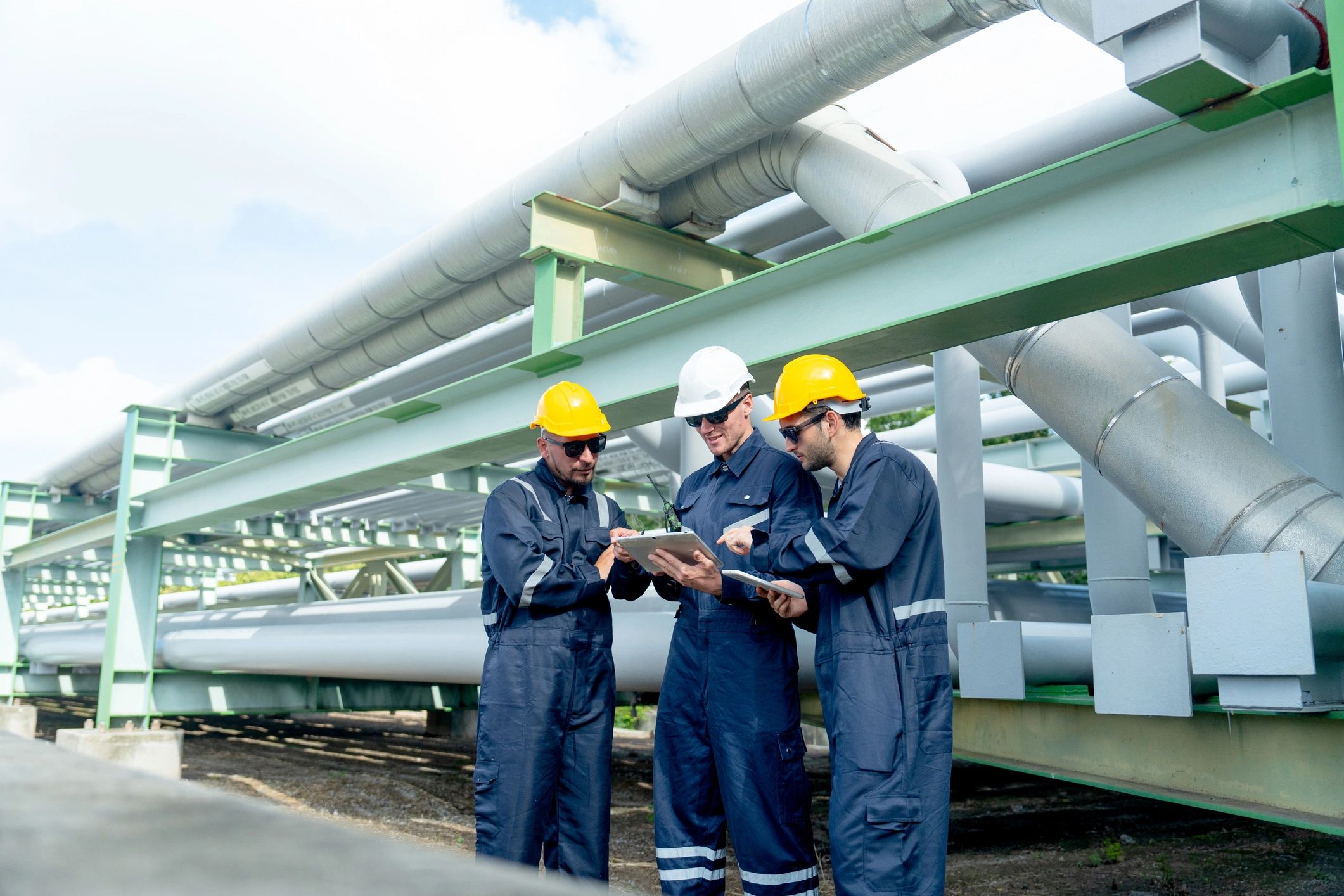 Engineering team near industrial pipeline discussing work